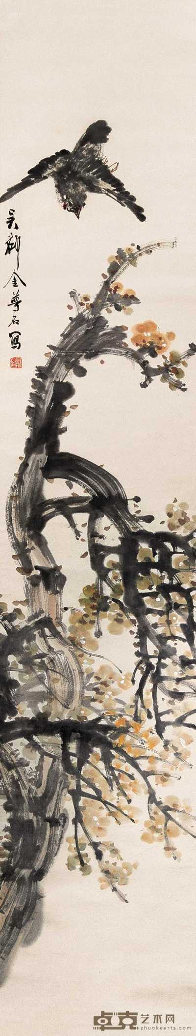 金梦石 黄叶雀鸣图 立轴 158×29cm